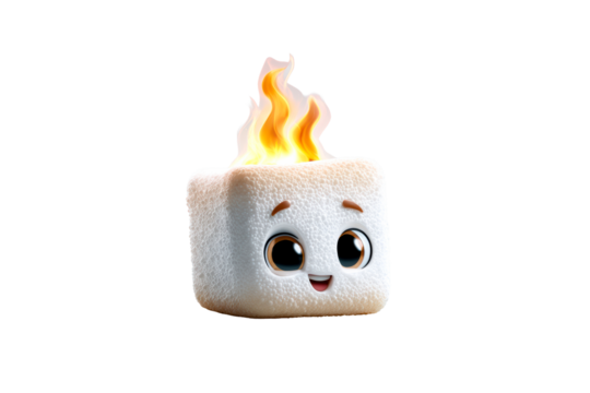 Happy marshmallow character with flames on transparent background