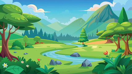 Fototapeta premium Cartoon Landscape Scene with River, Mountains, Trees, Flowers, and Sky Illustration