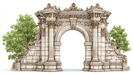 Fototapeta premium Stone archway with intricate carvings is overgrown with green vegetation.