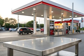 Stainless steel tabletop in focus with blurred gas station background. Ideal for showcasing products, fuel industry themes, automotive concepts, or transportation-related commercial displays.


