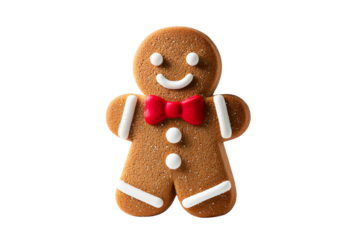 Gingerbread man cookie with red bowtie and white icing details