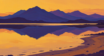Obraz premium Mountains Sunset Reflection Golden Water Digital Painting
