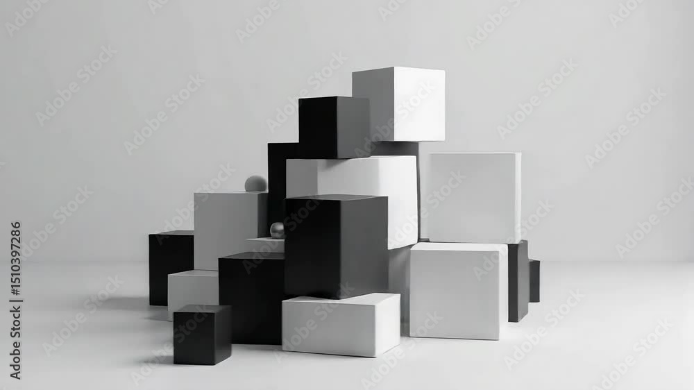 Poster Black and white cubes sit in tidy rows while two smooth spheres rest beside them on a gentle gray to white fade background creating a calm abstract scene useful for tech design motion graphic projects