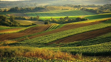 Fototapeta premium Landscape with many agricultural lands cultivated in the field, agriculture, plots