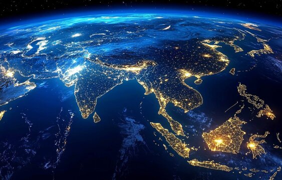 A captivating world map highlights city lights across Asia.