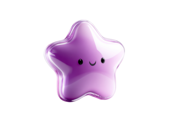 Purple star character with a smile on a clear background