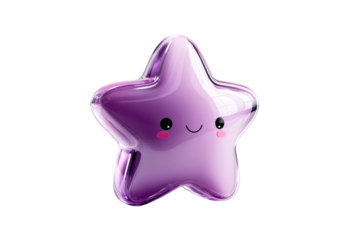Cute purple star shape with a smiling face on a transparent background