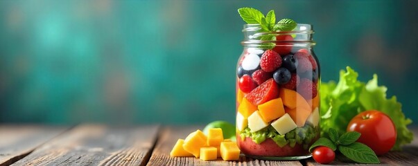 A vibrant array of colorful ingredients in a mason jar, ready to be shaken for a quick and delicious meal Perfect for meal prep or on-the-go lunches , mason jar, soy-free