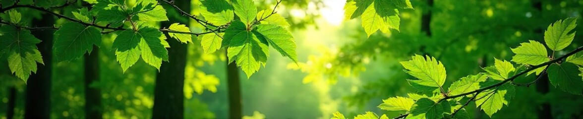 Lush green foliage, vibrant leaves, sunlight filtering through trees, creating a serene natural scene Perfect for nature, spring, summer, environmental themes , woods, texture, sunlight
