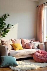 A cozy room filled with a variety of plush cushions in different colors and textures, scattered on a comfy sofa and floor Perfect for relaxation and a calming atmosphere , interior design, home