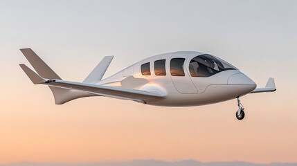 Small white airplane flying at sunset with sleek design