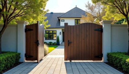 Modern house entrance with open wooden gates and sunny garden, inviting and welcoming atmosphere
