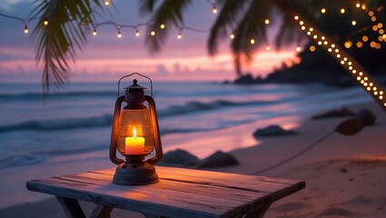 A lantern with a candle on a table at a beach with palm trees and string lights at sunset scenery view