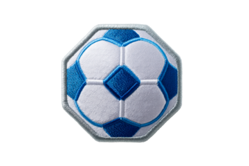Soccer ball patch with blue and white design on transparent background