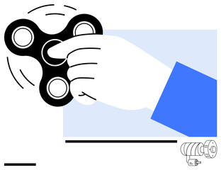 Hand spinning a black fidget spinner, showcasing movement, stress relief concept. Ideal for relaxation, focus, mindfulness, activity, productivity, gaming and simple landing page
