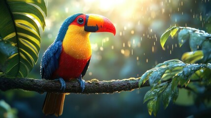 Obraz premium Colorful toucan perched on branch in rainforest