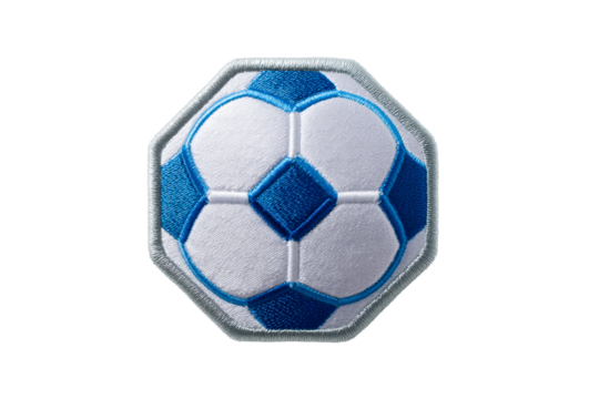 Soccer ball patch with blue and white design on transparent background
