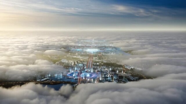 Futuristic city skyline above clouds