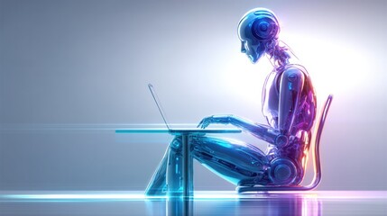 A robot is sitting at a table with a laptop