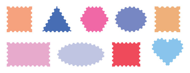 Collation of  different colorful postage stamp Edge, Hearts, polegon, circle Vector Jagged Geometric Shapes. Isolated set of colorful stickers, labels and badges.