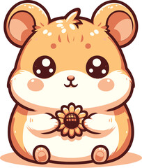 Adorable Chibi Hamster Holding Sunflower Vector Illustration in Kawaii Style