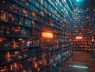 Data Center Illumination: Rows of Servers Glowing with Encrypted Information, Reflecting on the Clean Floor of this High-Tech Data Repository