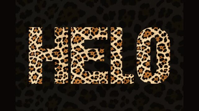 HELO (Hello) Word in Leopard Print Texture on Dark Background.  matching patterns adds depth and a chic ambiance. This design is highly suitable for projects requiring a wild, fashionable,  glamoros