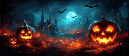 Naklejka premium Spooky Halloween Night: Jack-o'-lanterns and a Haunted Castle