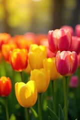 Vibrant tulips in a lush spring garden bursting with yellow, orange, pink, and purple blooms Sunlight filters through the petals, creating a dazzling display of springtime color , tulips, flora