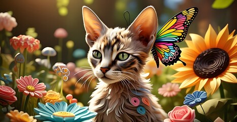 Lykoi cat with a colorful butterfly and the fresh garden in quilling paper style.