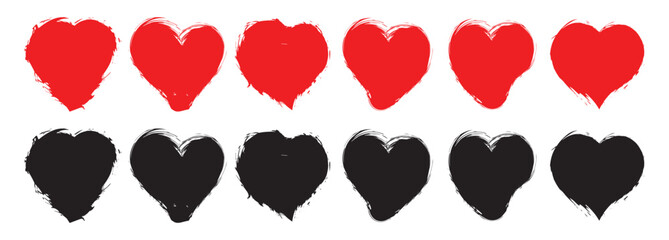 Set of vector hearts. Grunge hearts icons. Scribble ink red and black grunge heart shapes. Hearts icons set hand draw with markers. Art & Illustration