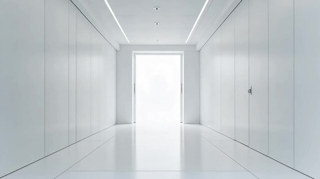 White hallway leads to doorway with bright light creating hope or ascension theme ideal for corporate openers spiritual clips sci fi transitions or futuristic reveal videos Ideal for logo reveals ads.