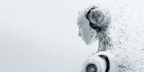 A robot with a face made of broken pieces