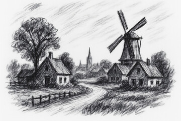 Fictional Dutch village in traditional style - Charcoal drawing on white paper showing an idealized countryside scene with windmill and cottages, evoking peaceful life in Holland