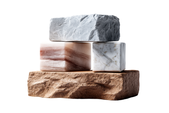 Display of various stone blocks arranged on a transparent background