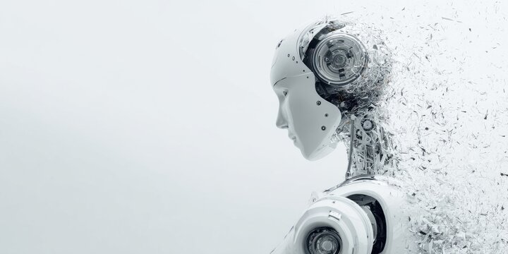 A robot with a face made of broken pieces