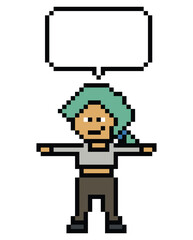 Cartoon pixel cute cartoon character face woman with chat blank decoration 8 bit female girl say speak discuss idea chat box cartoon pixel game 8bit png vector.