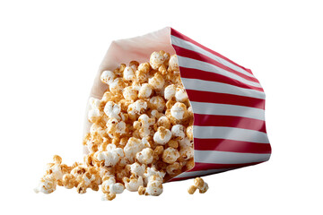 Popcorn in striped container spilling on transparent background