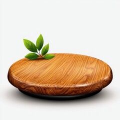 Round Wooden Display Stand with Green Leaves on White Background