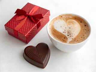 Valentine's Day Coffee Latte Art Heart, Chocolate & Red Gift Box, Romantic Morning Love Celebration