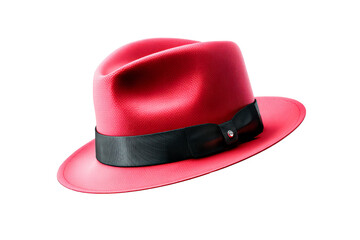 Stylish red fedora hat with black band on transparent background