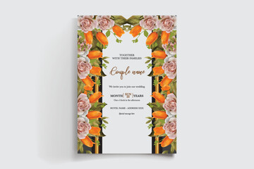 WEDDING INVITATION FRAME WITH FLOWER DECORATIONS AND FRESH LEAVES