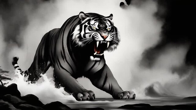 墨絵の虎が迫る白黒ループ映像