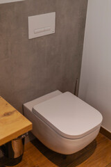 A contemporary bathroom showcases a wall-mounted toilet that blends seamlessly with gray tiled...