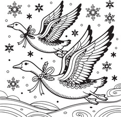 Black and white illustration of flying Christmas ducks with snowflake and winter elements..