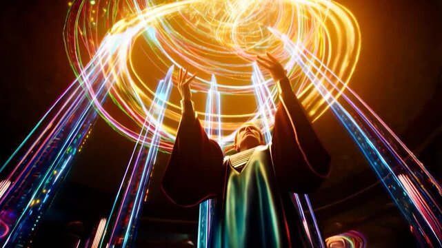 A figure in a flowing robe stands amidst a vibrant, glowing, futuristic space, surrounded by swirling light displays