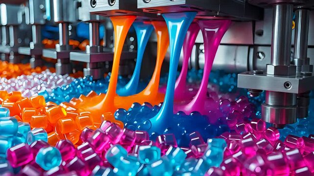Vibrant candy production with colorful liquid pouring into bright orange blue pink sweets in a modern factory setting