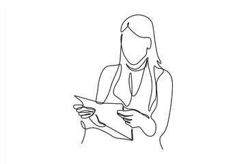 continuous one line drawing Business woman using digital tablet and hand holding modern smart holding report design graphic vector illustration