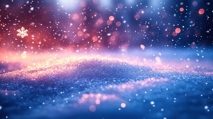 Snowdrift sparkling under snowfall with festive bokeh background