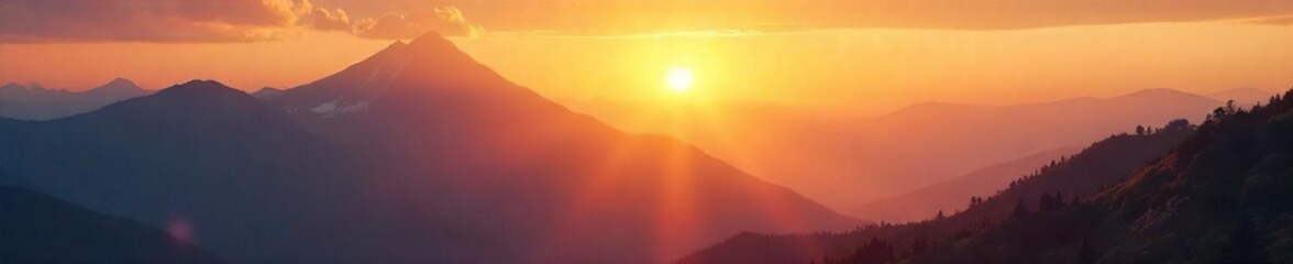 Fototapeta premium Serene sunrise over a majestic mountain range, bathed in golden light, inspiring feelings of peace and tranquility Perfect for meditation, yoga, or spiritual reflection , rays, sky